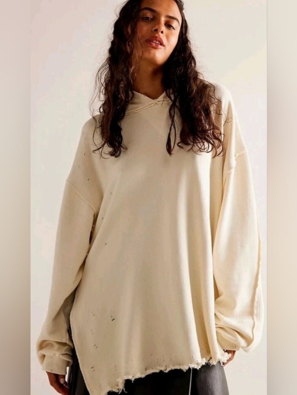 Free People Everyday Hoodie Sweatshirt Oversize Distress Harbor Fog Ivory Cream